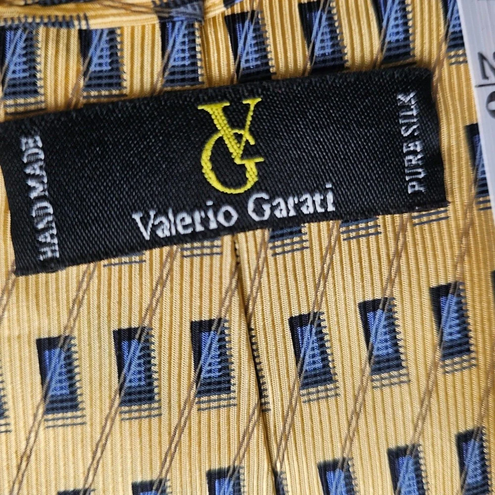 Valerio Garati Mens 100% Silk Geometric Tie Gold Blue Black 59in Handmade